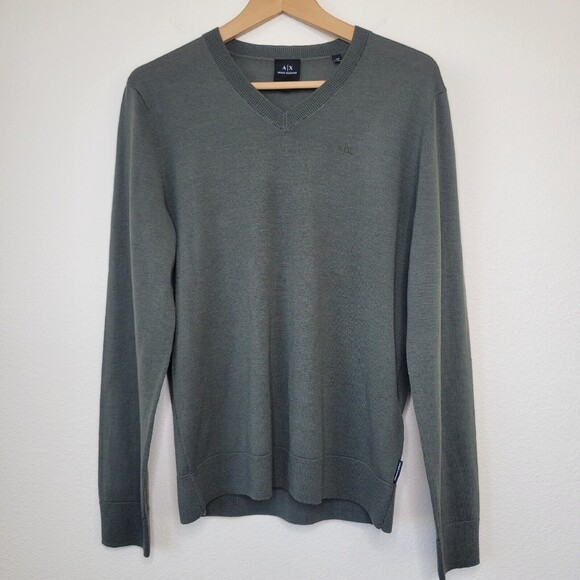 Armani Exchange Virgin Wool V-Neck Sweater Mens Med Green Preppy Lightweight - Picture 1 of 12